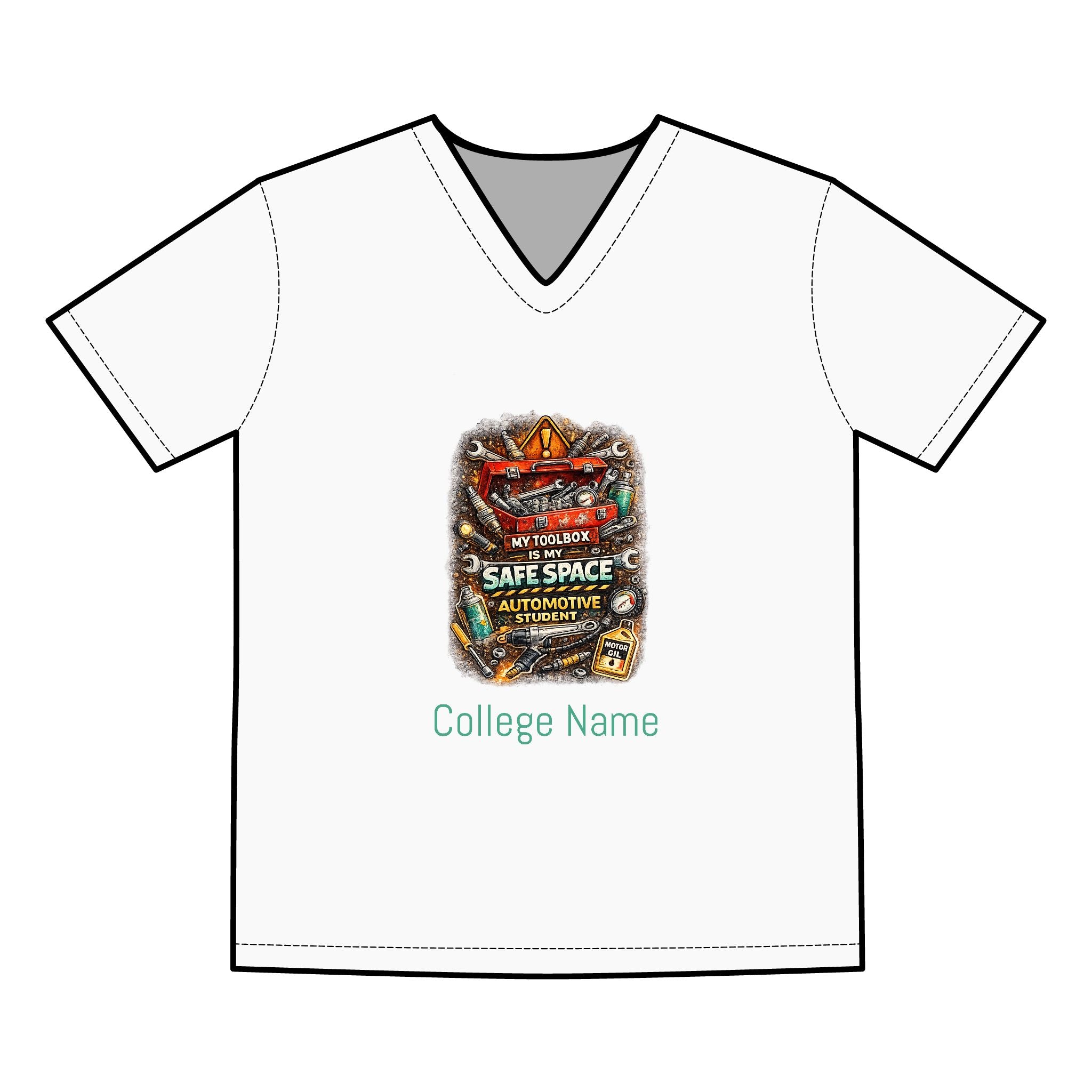 Automotive Student V‑Neck Tee — “My Toolbox, My Safe Space” Car Mechanic Shirt