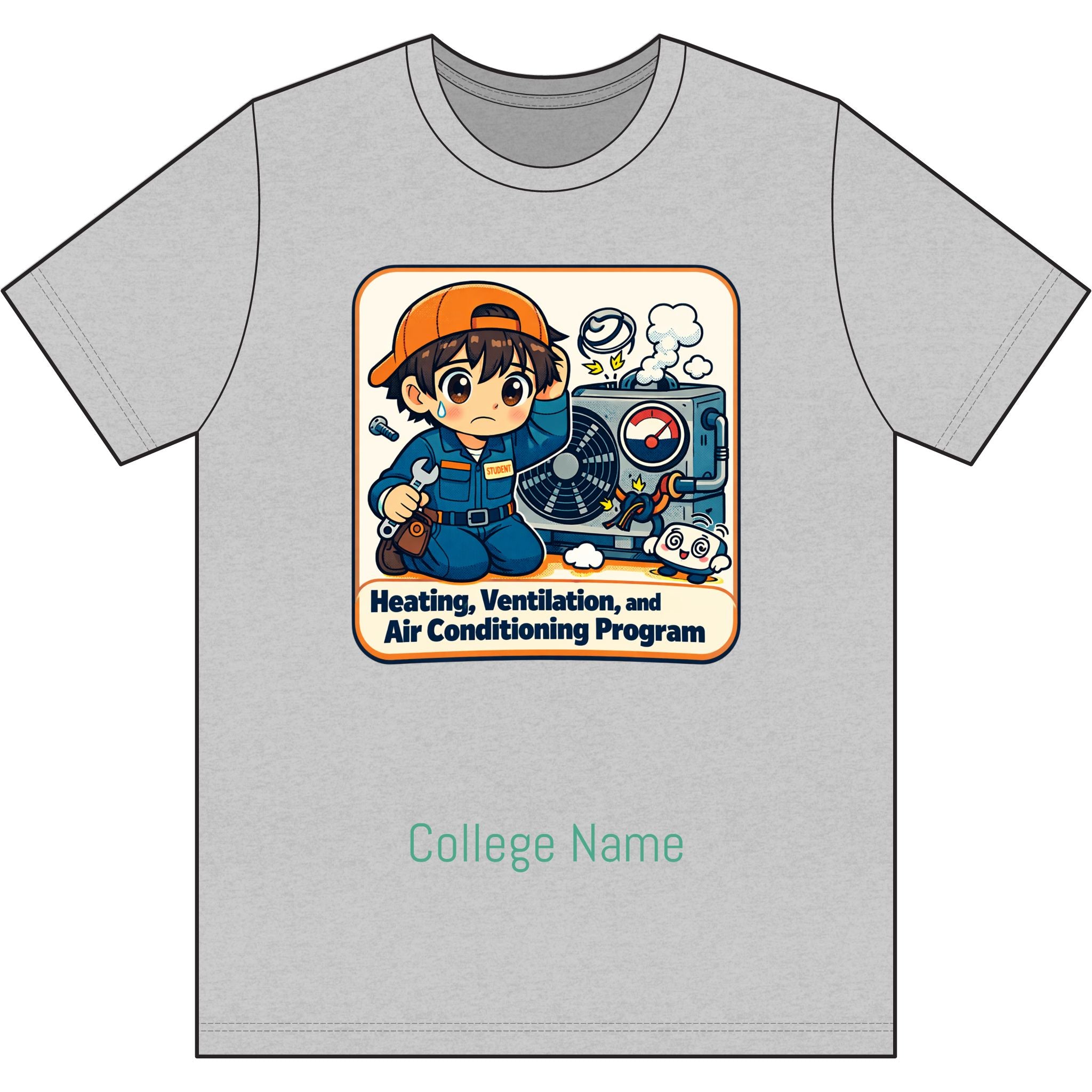 HVAC Technician Cartoon T‑Shirt — 'Heating, Ventilation, and Air Conditioning Program' College Tee