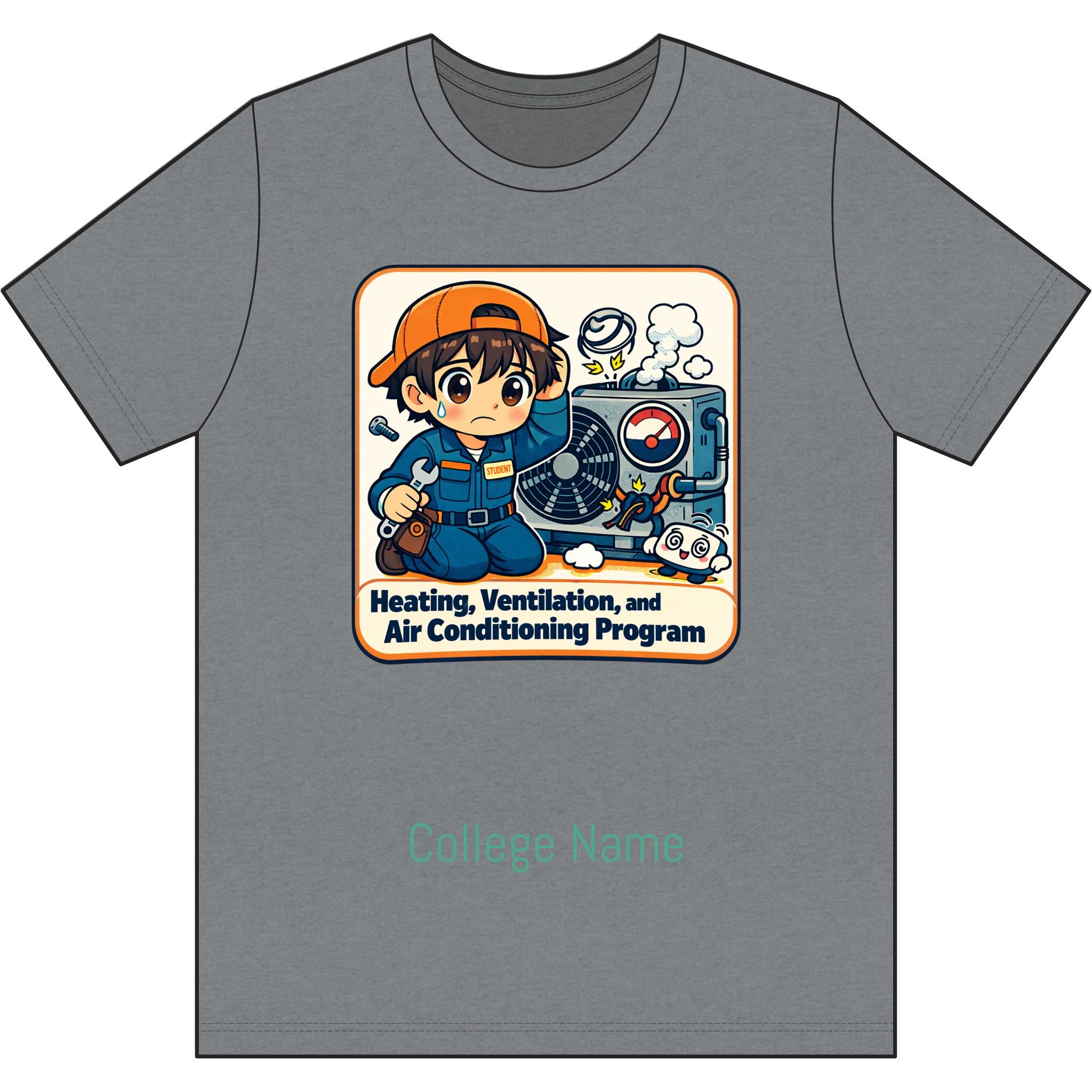 HVAC Technician Cartoon T‑Shirt — 'Heating, Ventilation, and Air Conditioning Program' College Tee