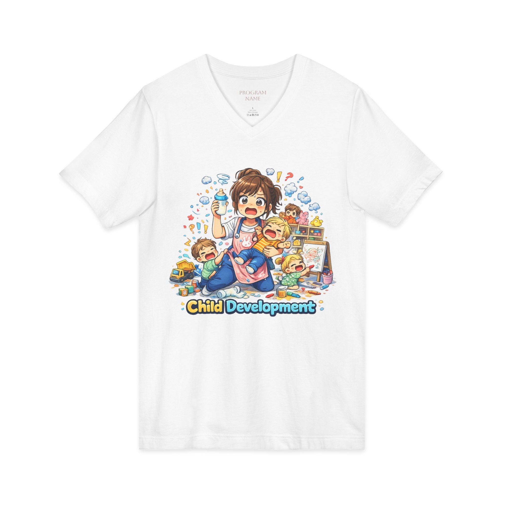 Child Development V-Neck Tee — Cute Teacher & Student Illustration