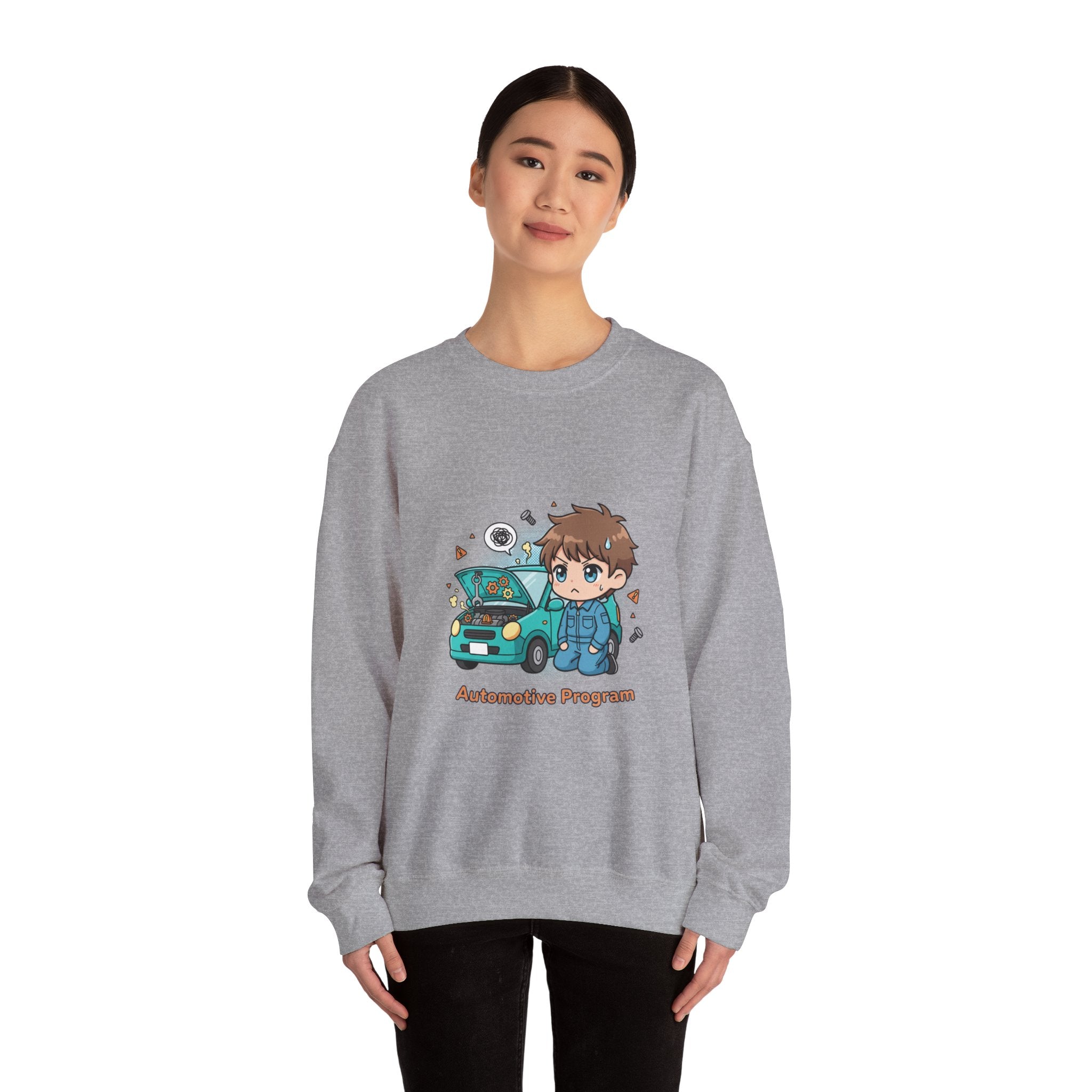 Automotive Program Crewneck Sweatshirt — Cute Mechanic Anime Design