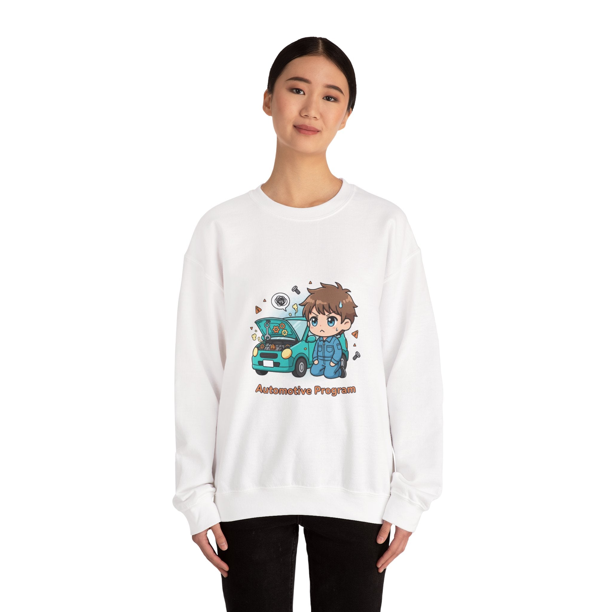 Automotive Program Crewneck Sweatshirt — Cute Mechanic Anime Design