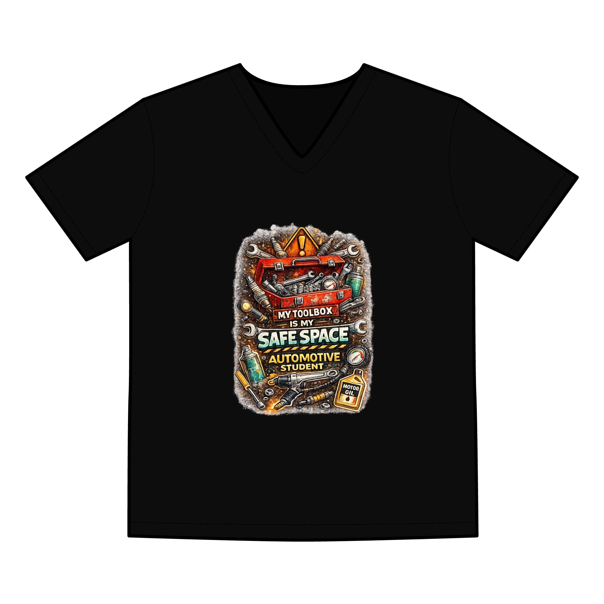 Automotive Student V‑Neck Tee — “My Toolbox, My Safe Space” Car Mechanic Shirt