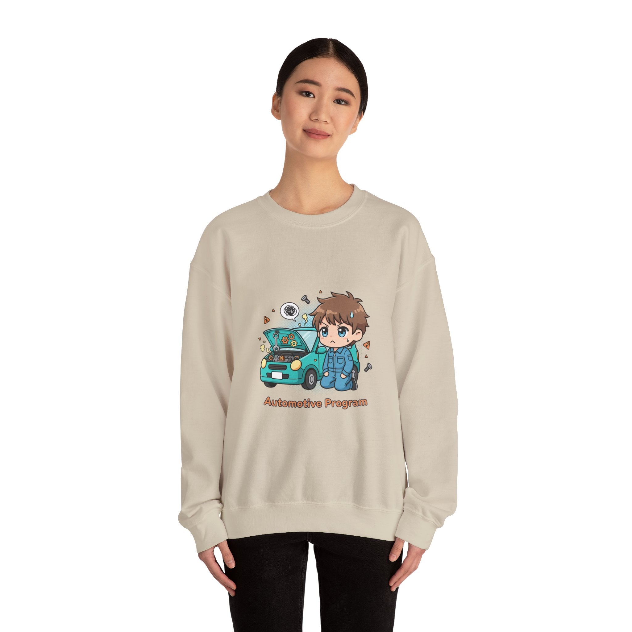 Automotive Program Crewneck Sweatshirt — Cute Mechanic Anime Design