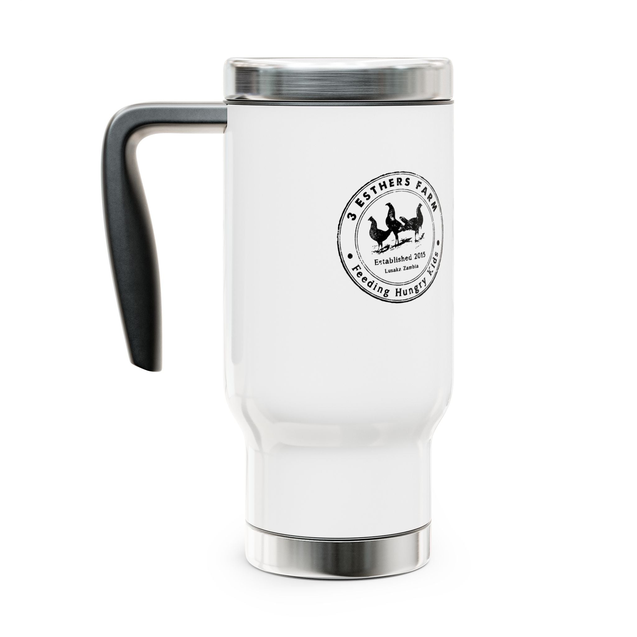 Farmhouse Travel Mug 14oz — "Esthers Farm" Rustic Logo Stainless Steel Tumbler with Handle