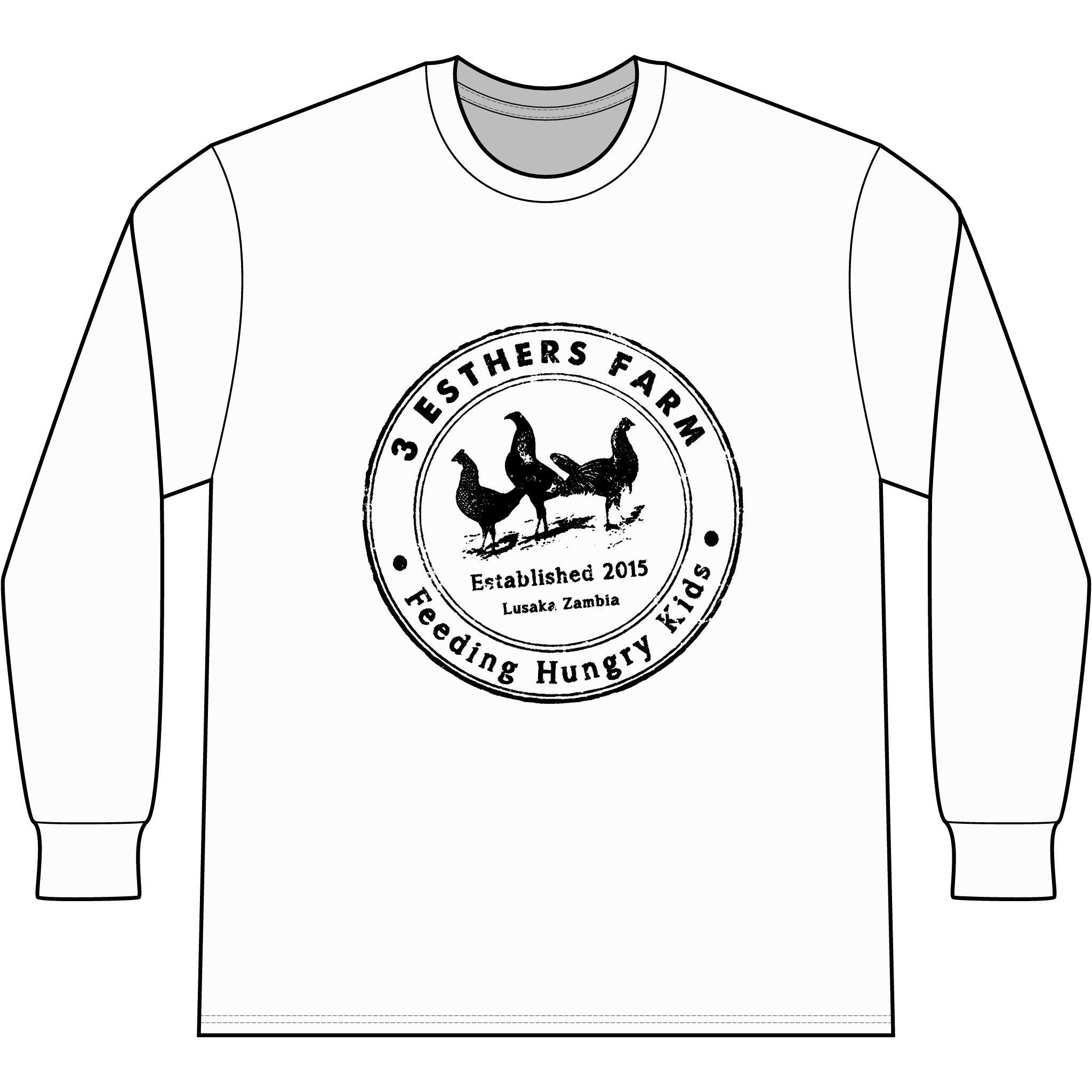 3 Esthers Farm Long Sleeve Tee – "Feeding Hungry Kids" Farmhouse Chicken Logo