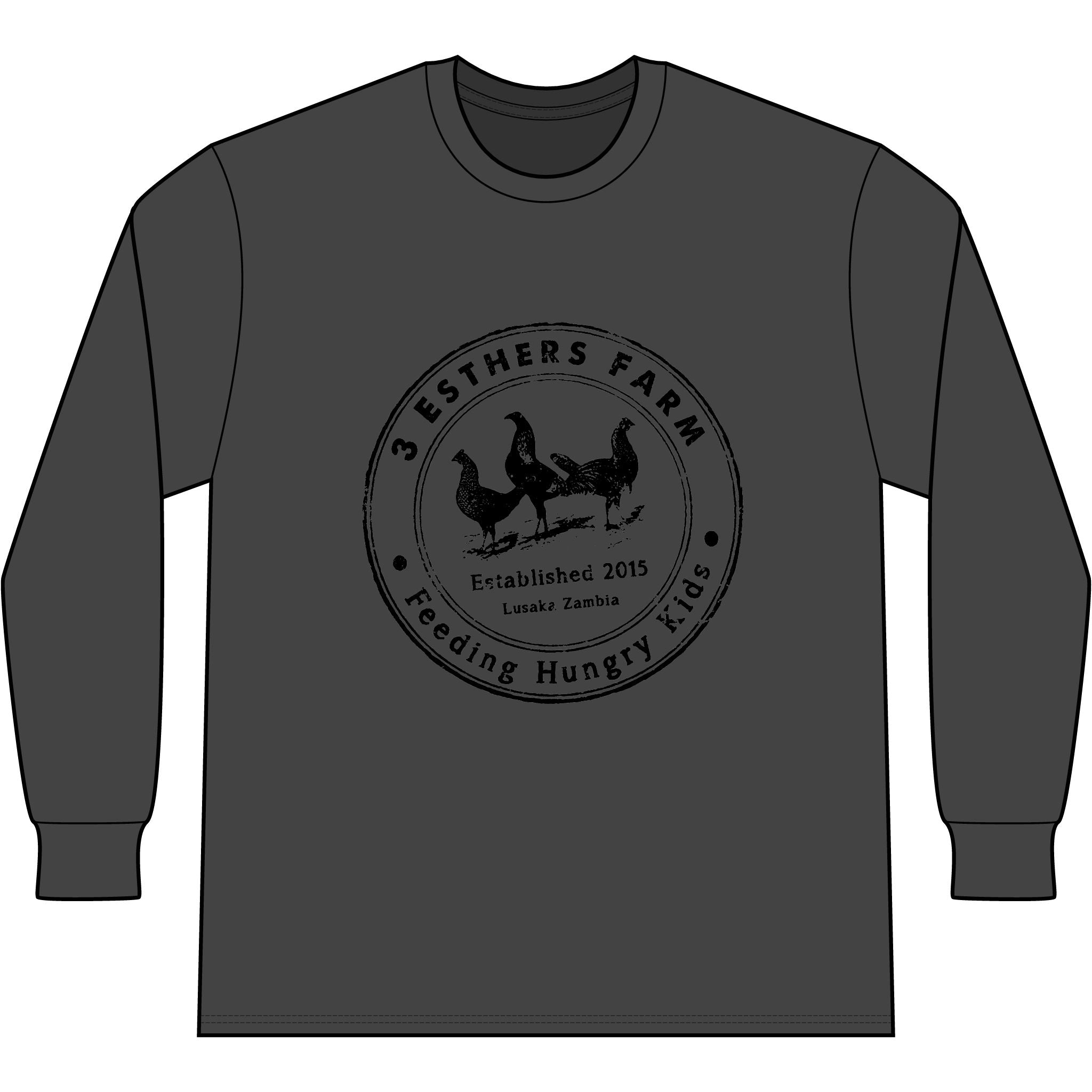 3 Esthers Farm Long Sleeve Tee – "Feeding Hungry Kids" Farmhouse Chicken Logo