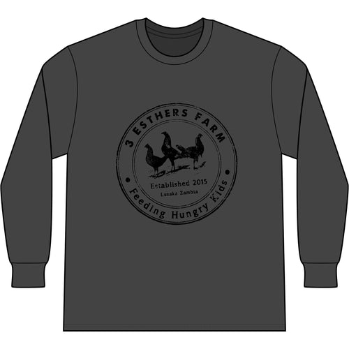 3 Esthers Farm Long Sleeve Tee – "Feeding Hungry Kids" Farmhouse Chicken Logo