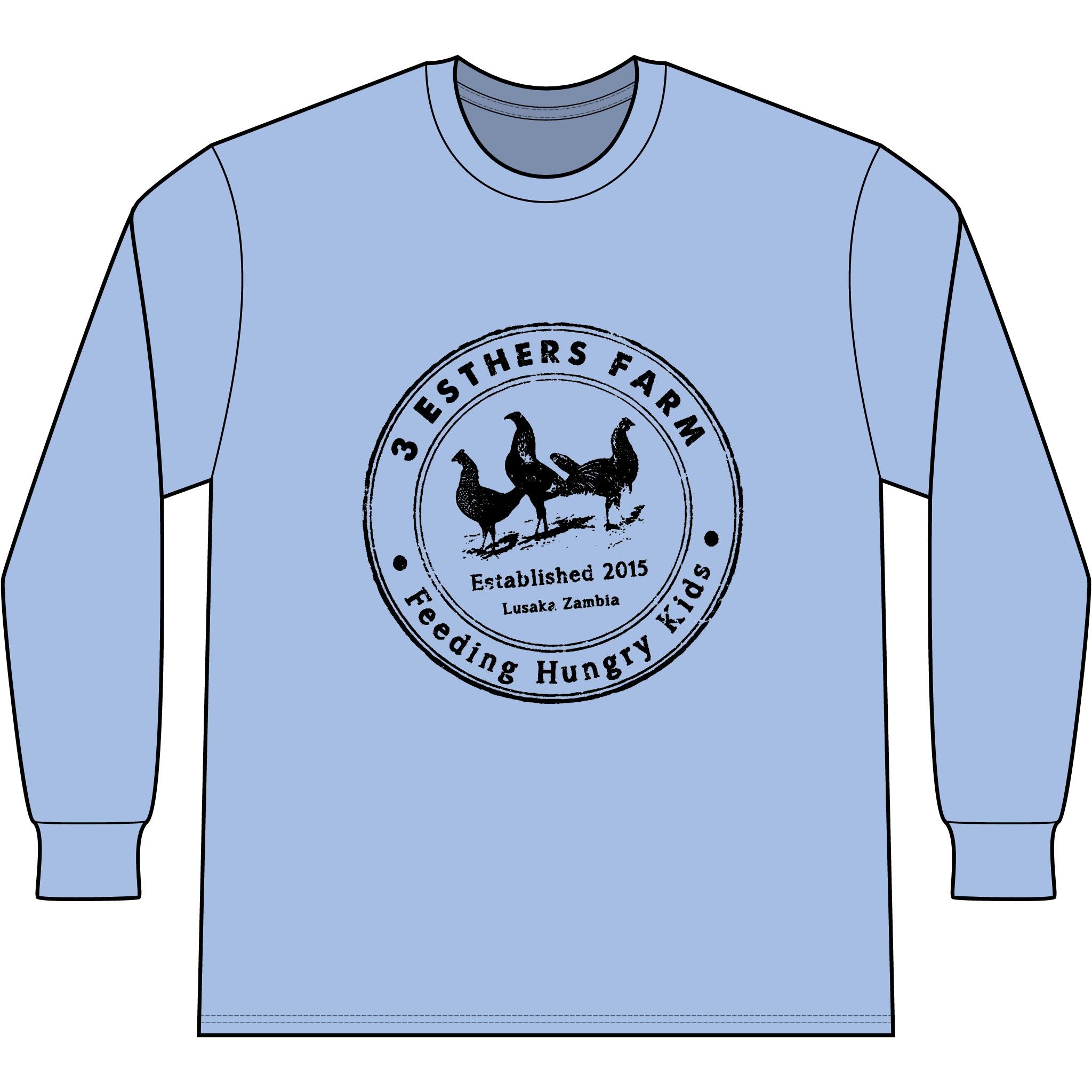 3 Esthers Farm Long Sleeve Tee – "Feeding Hungry Kids" Farmhouse Chicken Logo