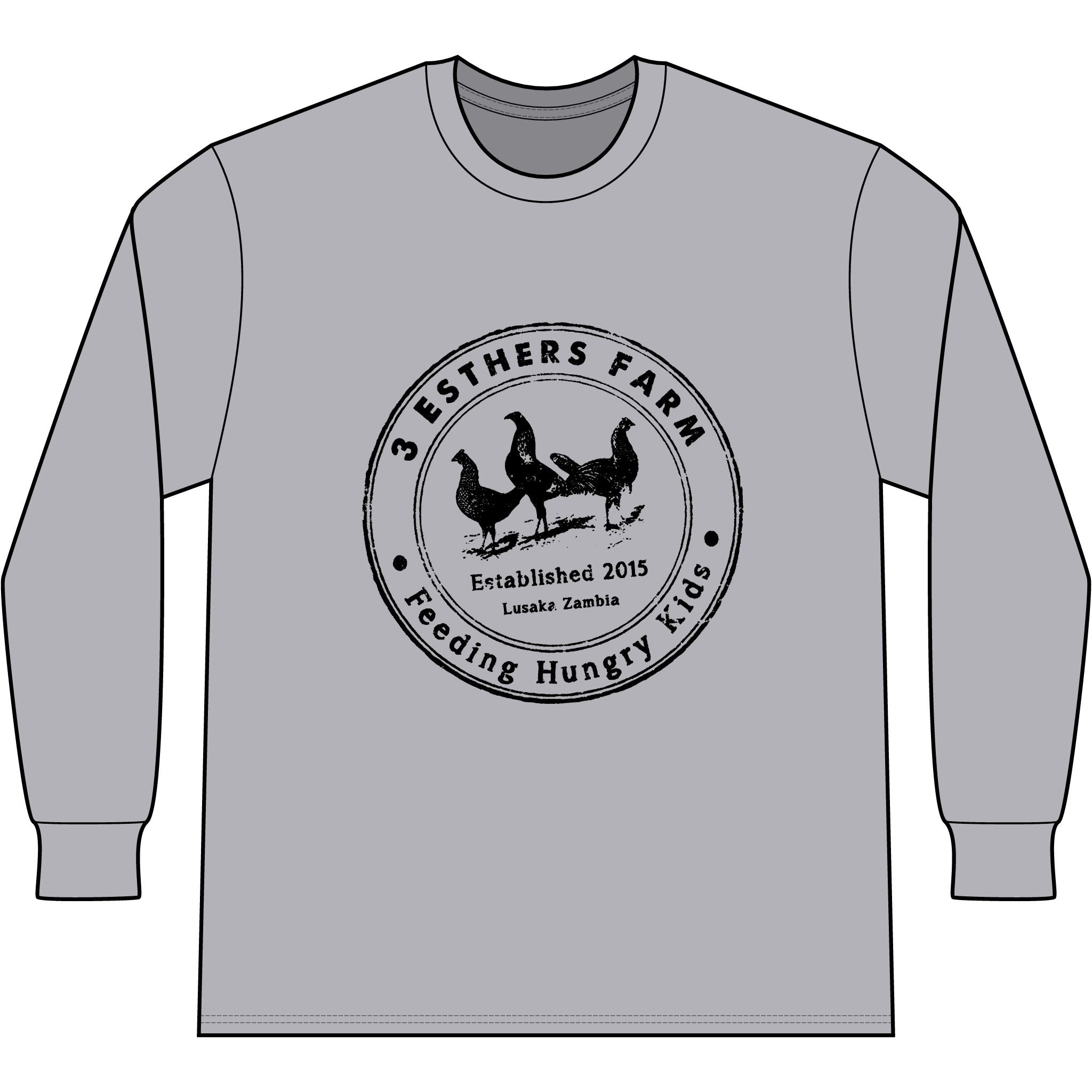 3 Esthers Farm Long Sleeve Tee – "Feeding Hungry Kids" Farmhouse Chicken Logo