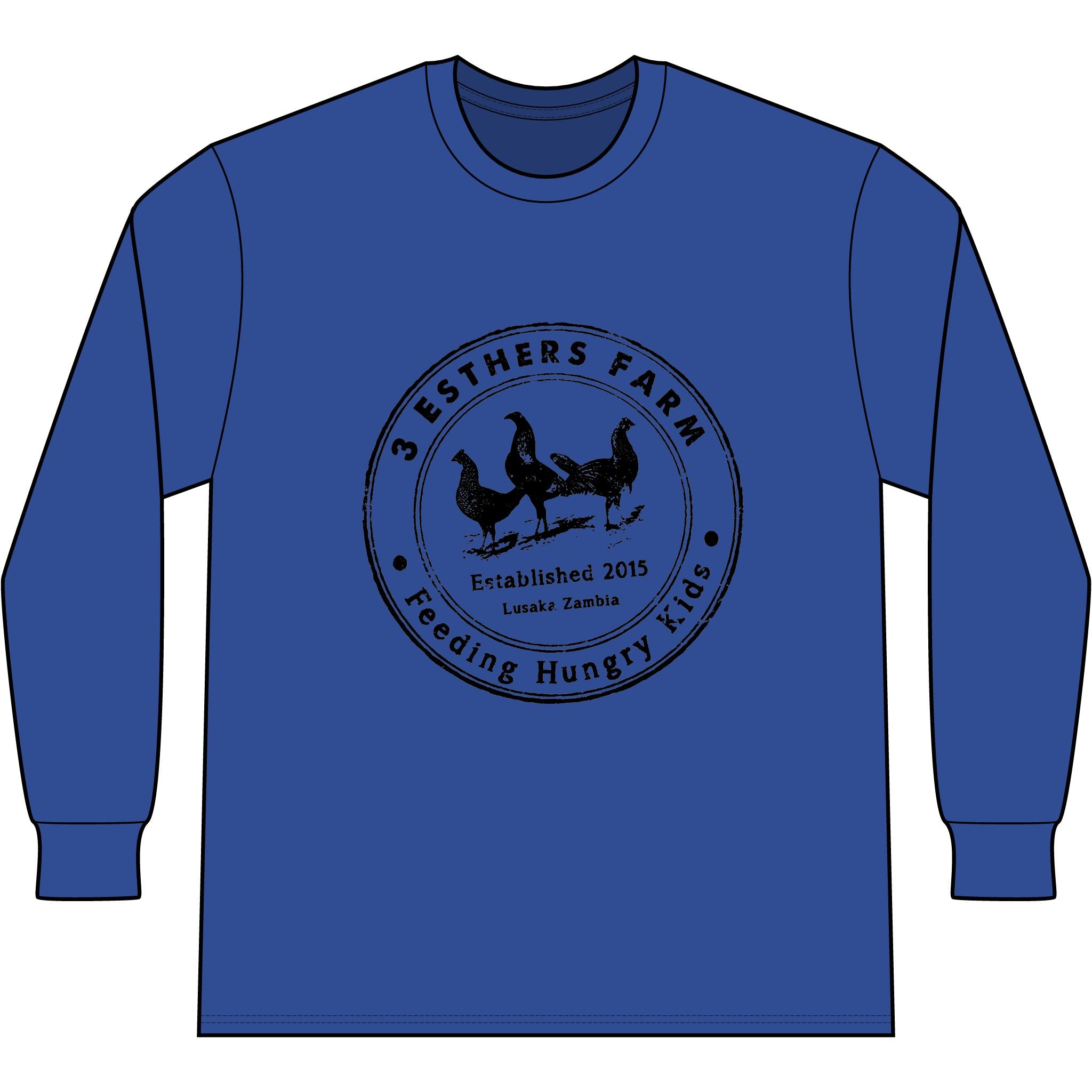 3 Esthers Farm Long Sleeve Tee – "Feeding Hungry Kids" Farmhouse Chicken Logo
