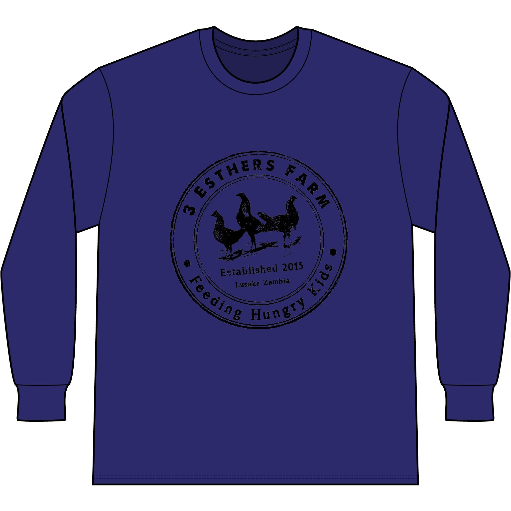3 Esthers Farm Long Sleeve Tee – "Feeding Hungry Kids" Farmhouse Chicken Logo