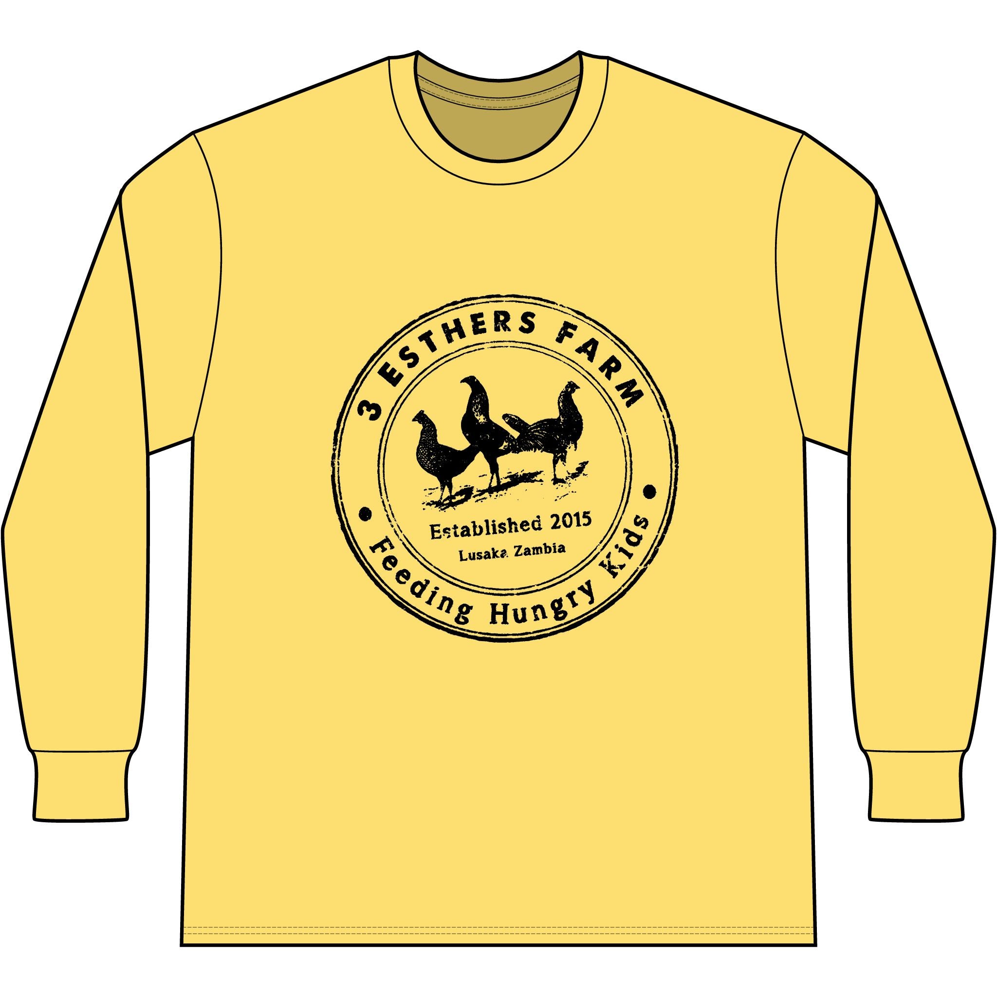 3 Esthers Farm Long Sleeve Tee – "Feeding Hungry Kids" Farmhouse Chicken Logo