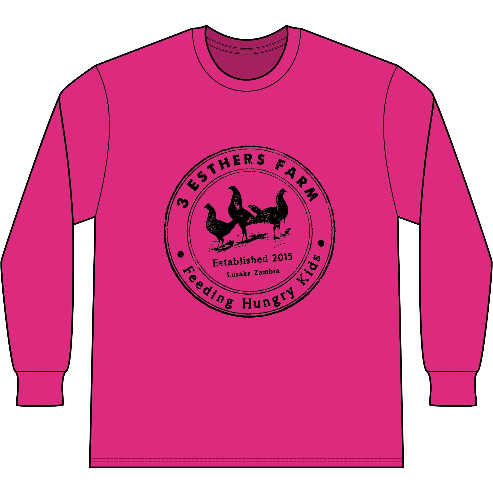 3 Esthers Farm Long Sleeve Tee – "Feeding Hungry Kids" Farmhouse Chicken Logo