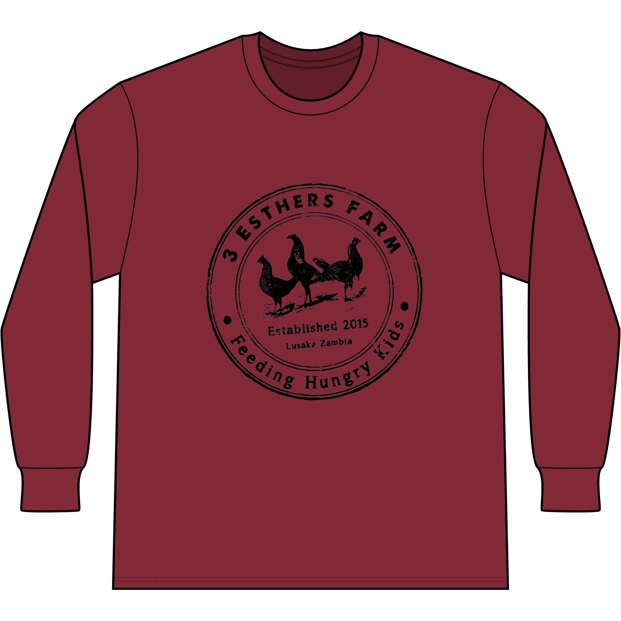 3 Esthers Farm Long Sleeve Tee – "Feeding Hungry Kids" Farmhouse Chicken Logo