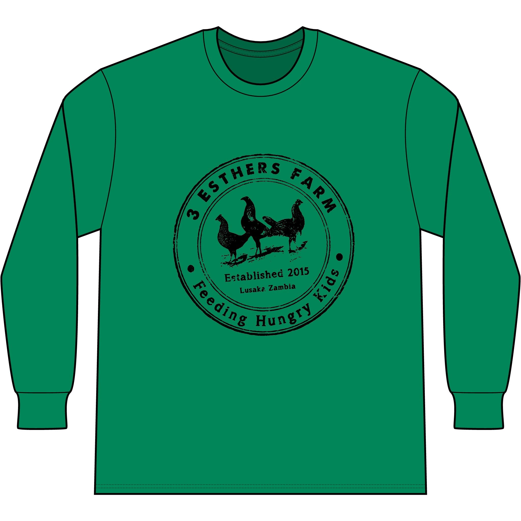 3 Esthers Farm Long Sleeve Tee – "Feeding Hungry Kids" Farmhouse Chicken Logo