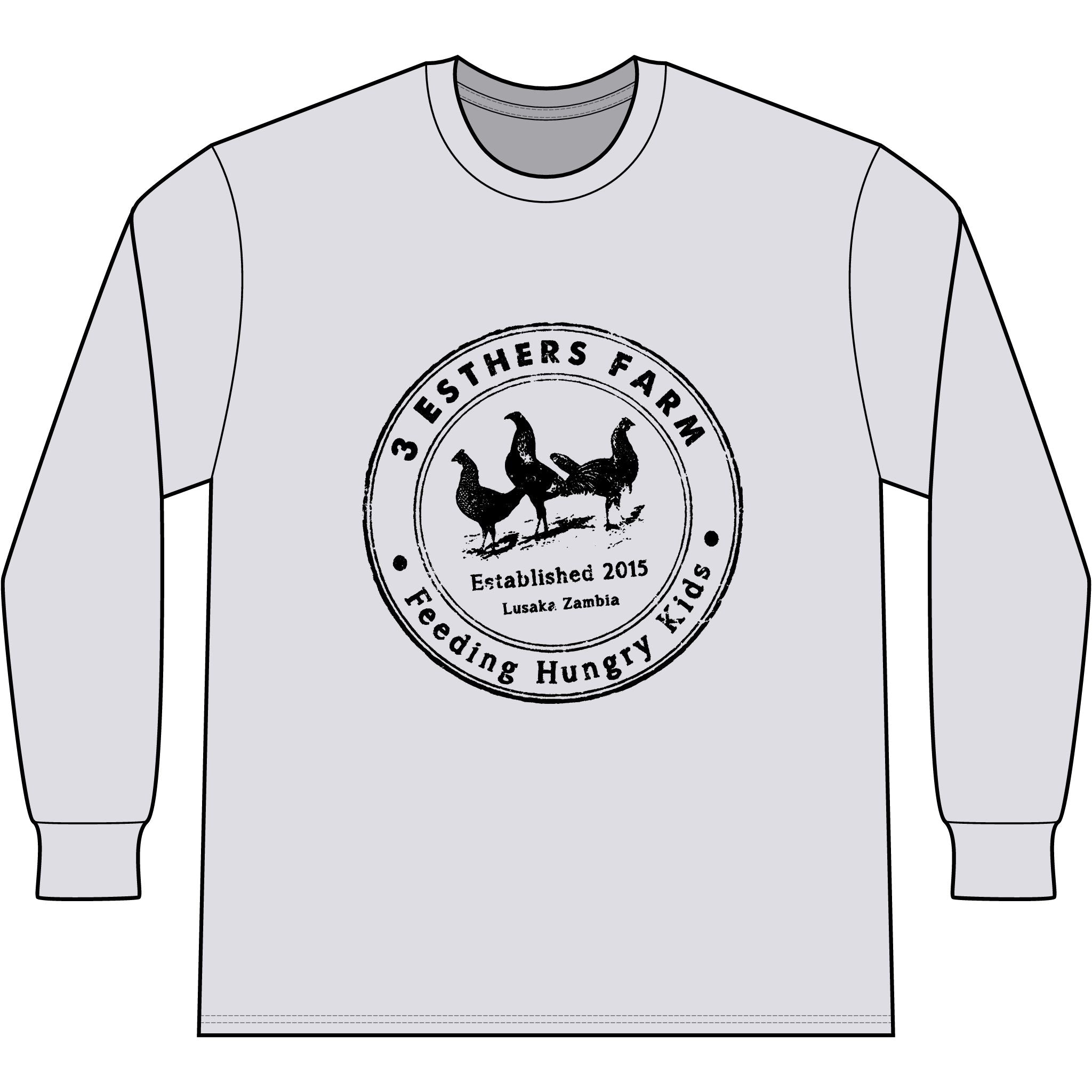 3 Esthers Farm Long Sleeve Tee – "Feeding Hungry Kids" Farmhouse Chicken Logo