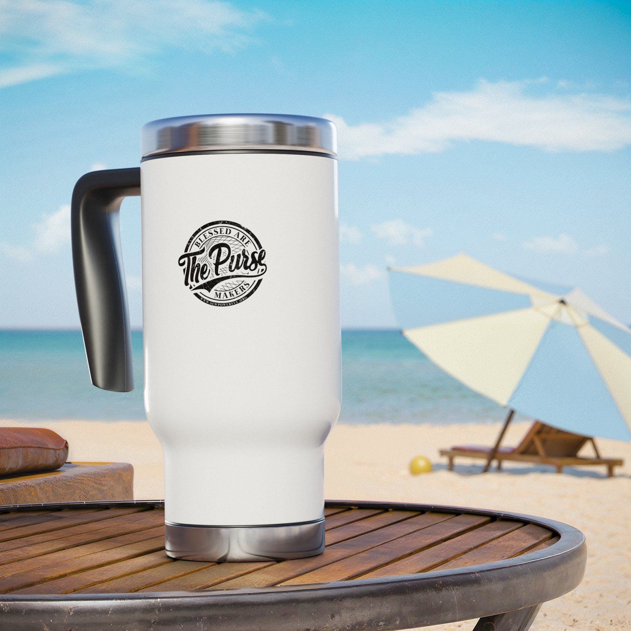 The Purse Logo Stainless Steel Travel Mug with Handle – 14oz Insulated Coffee Tumbler