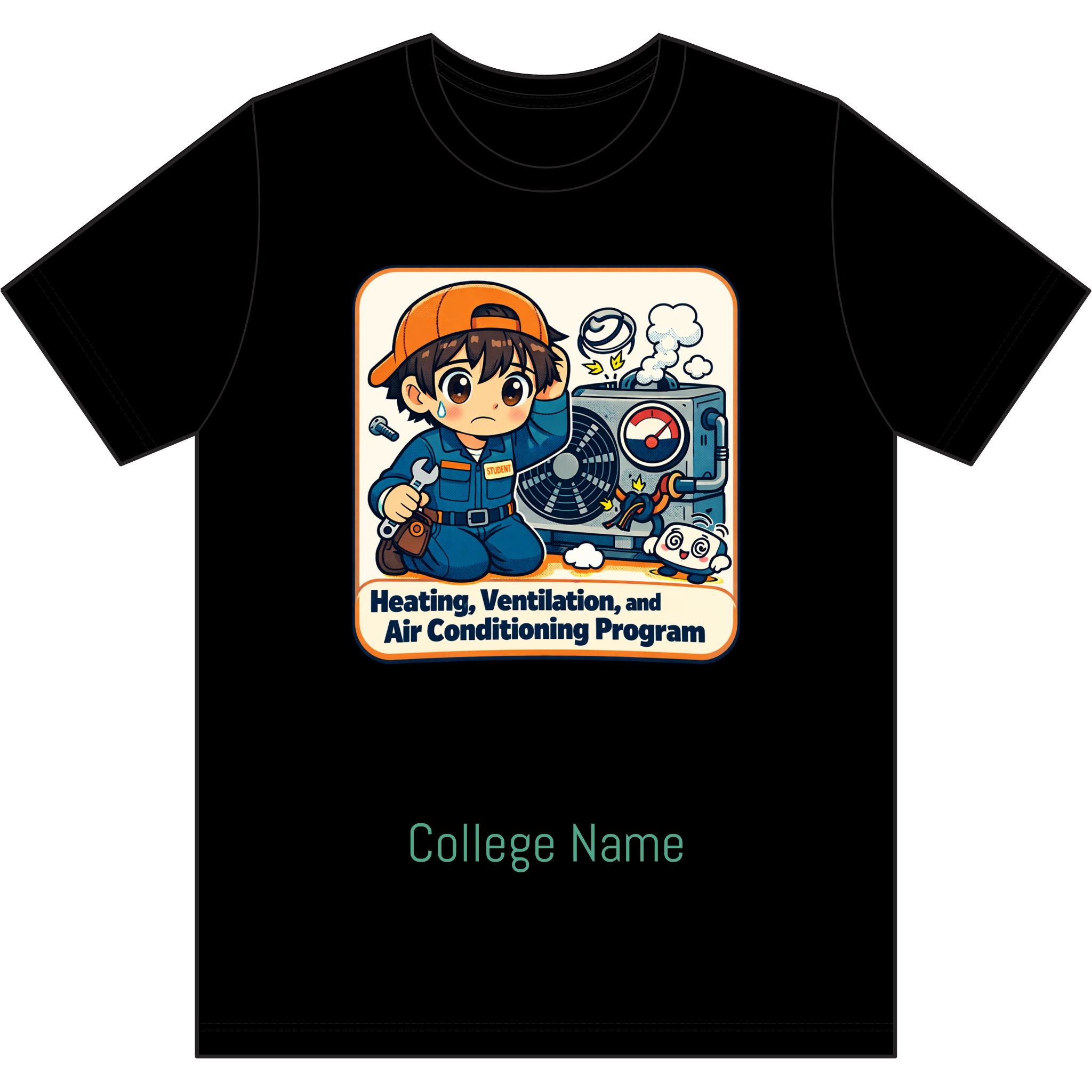 HVAC Technician Cartoon T‑Shirt — 'Heating, Ventilation, and Air Conditioning Program' College Tee
