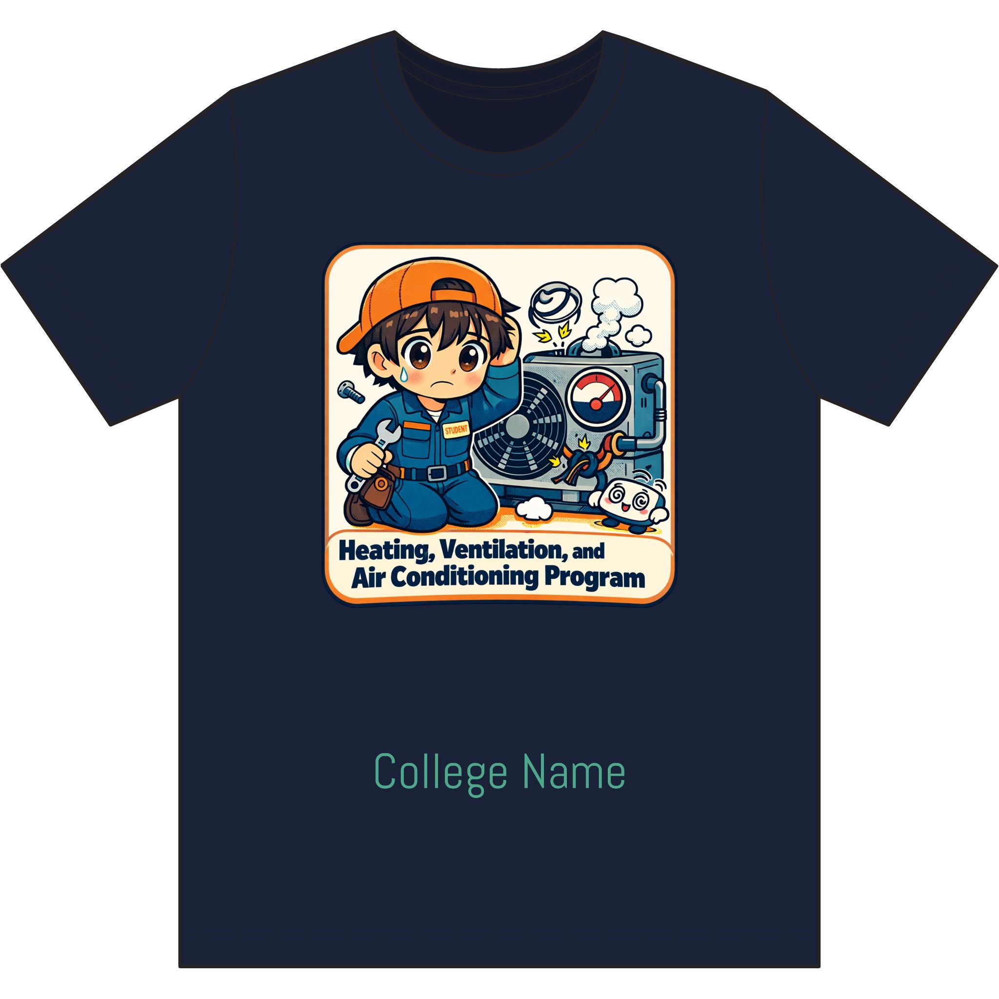 HVAC Technician Cartoon T‑Shirt — 'Heating, Ventilation, and Air Conditioning Program' College Tee