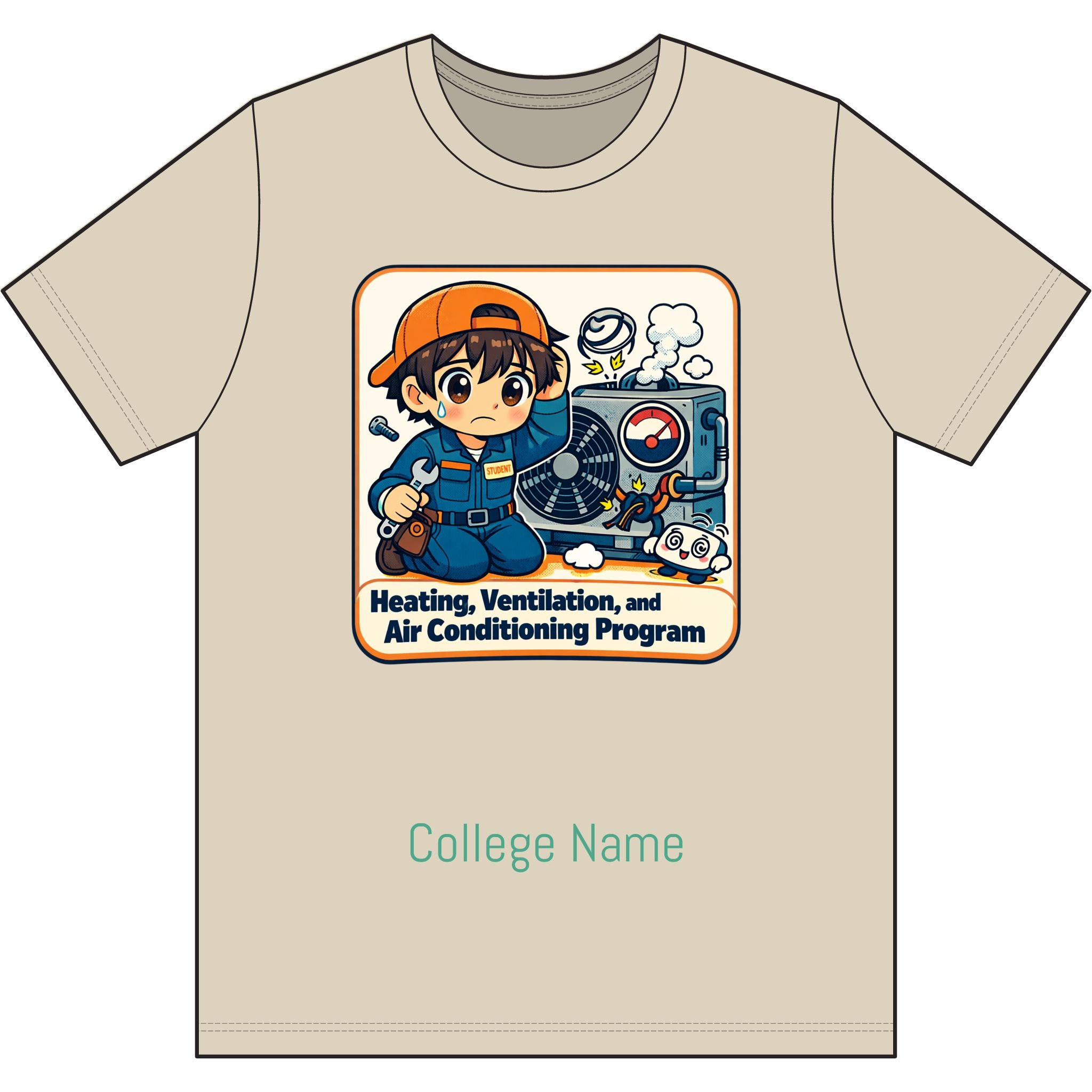 HVAC Technician Cartoon T‑Shirt — 'Heating, Ventilation, and Air Conditioning Program' College Tee