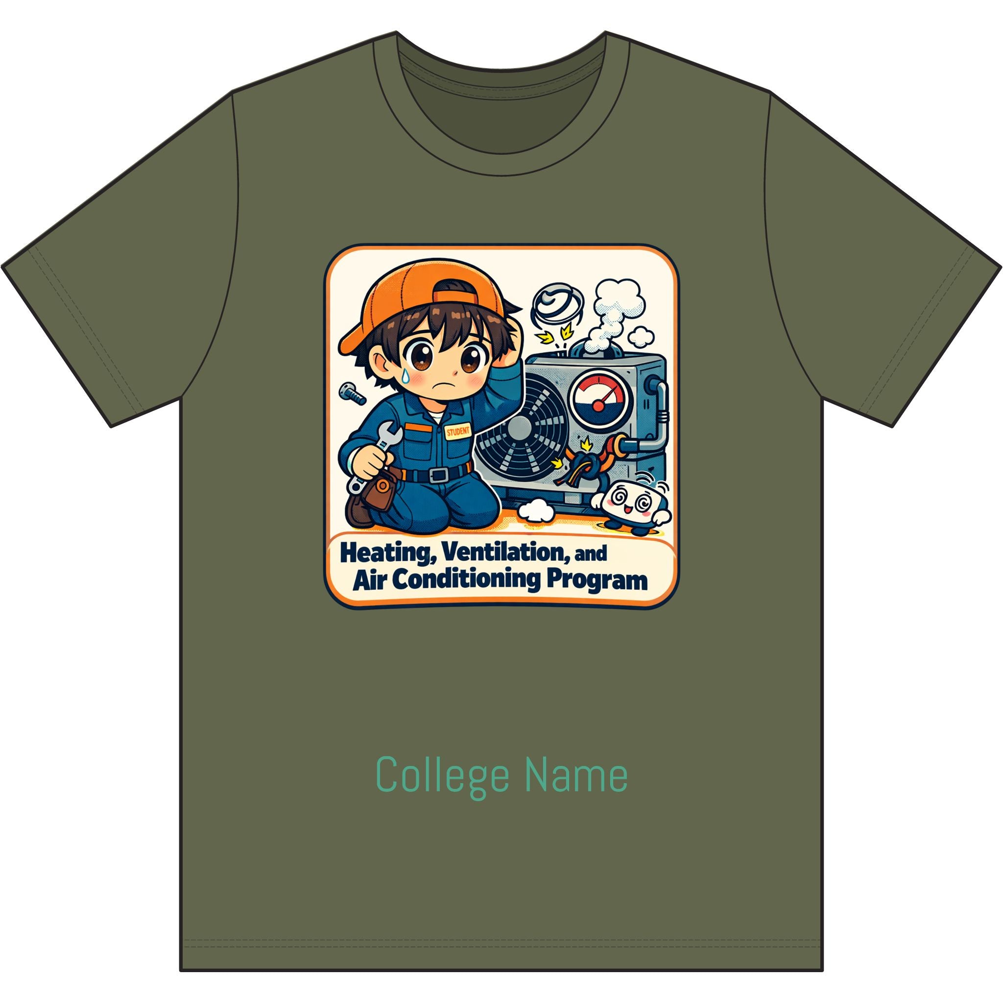 HVAC Technician Cartoon T‑Shirt — 'Heating, Ventilation, and Air Conditioning Program' College Tee