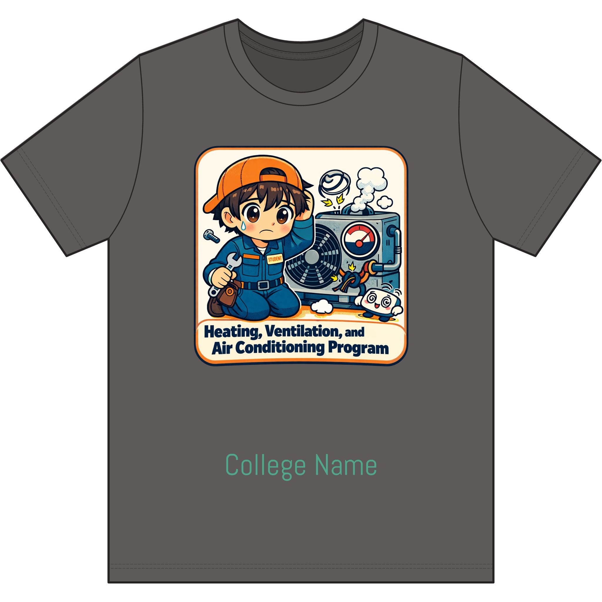 HVAC Technician Cartoon T‑Shirt — 'Heating, Ventilation, and Air Conditioning Program' College Tee