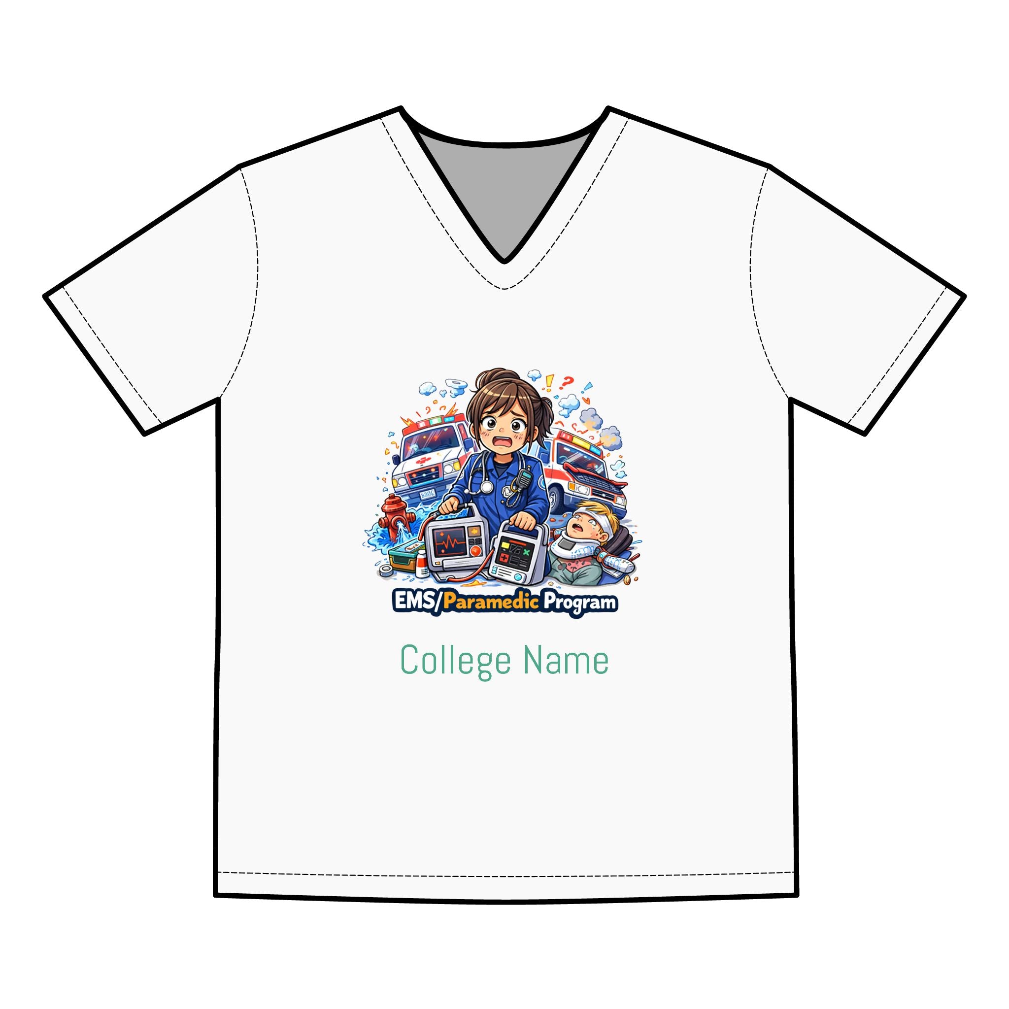 EMS Paramedic Program V‑Neck Tee — Cute Cartoon Medic Design