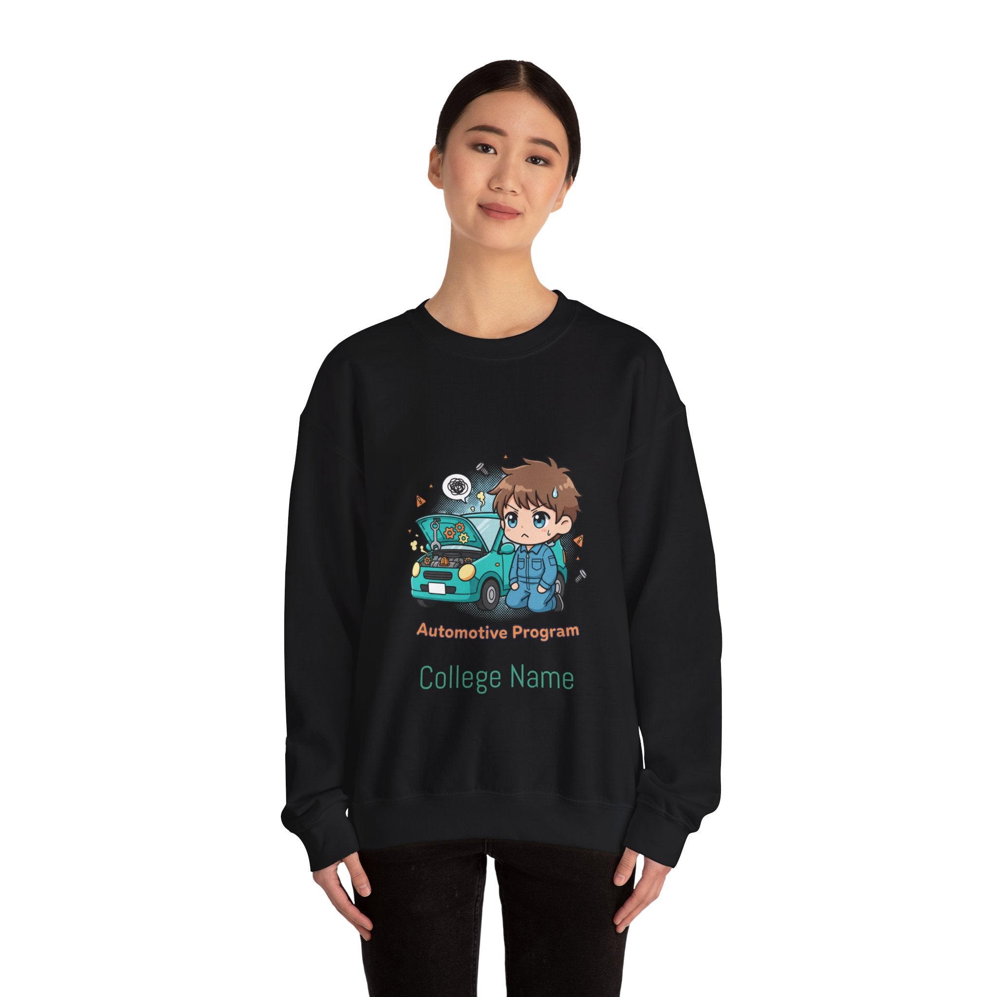 Automotive Program Crewneck Sweatshirt — Cute Mechanic Anime Design