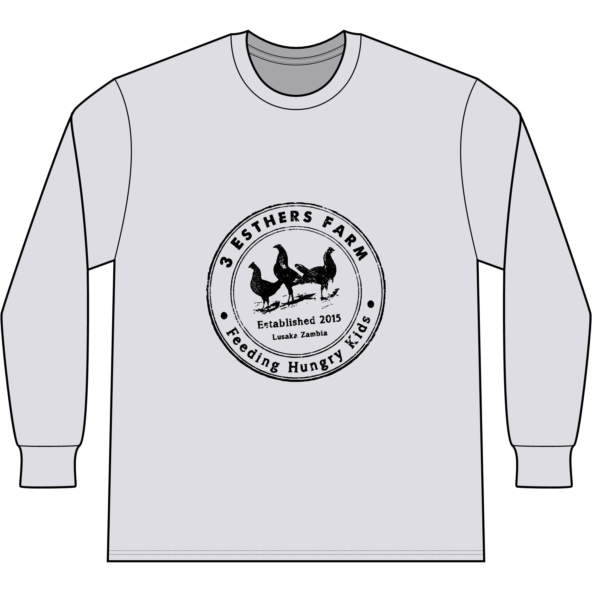 3 Esthers Farm Long Sleeve Tee – "Feeding Hungry Kids" Farmhouse Chicken Logo